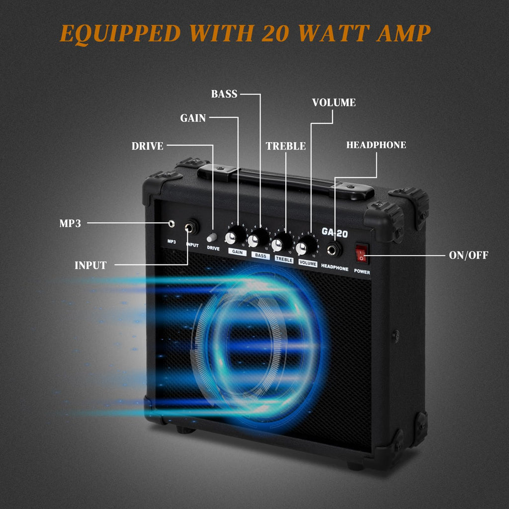 Ktaxon 39" Electric Guitar with 20Watt Amp, Full Size 170 Model Starter Guitar Kit for Beginners & Professional W/Bag, Strap, Upgrade Cable, Guitar Capo, Tremolo Arm - Matte Back