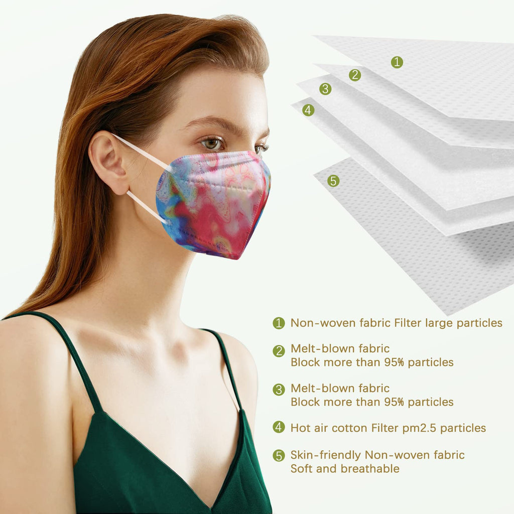 Wecolor KN95 Face Masks 50 Pack 5-Ply Breathable Safety Respirator Multicolor Cup Dust Disposable KN95 Mask