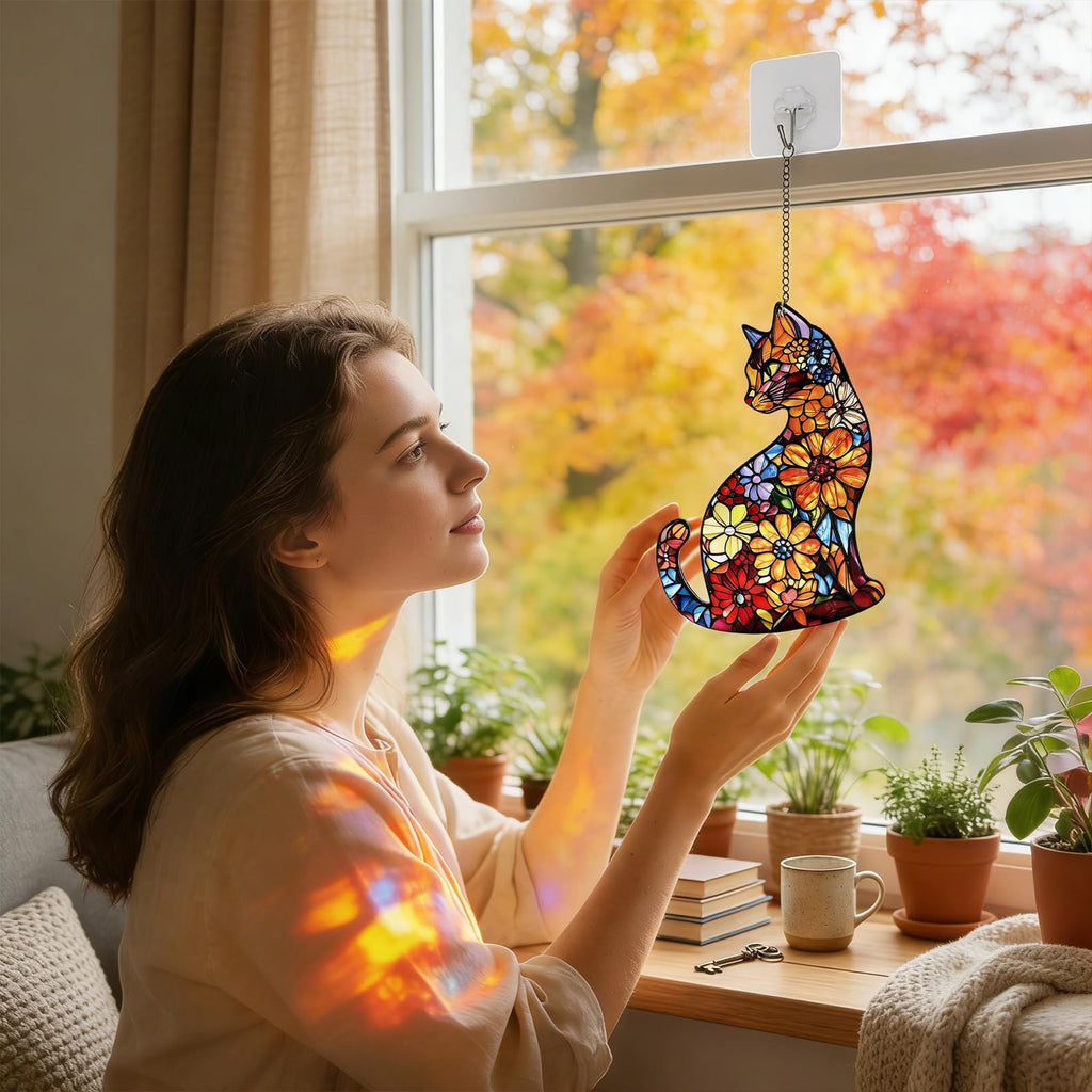 Stained Glass Window Hanging Sun Catchers with Cat Design