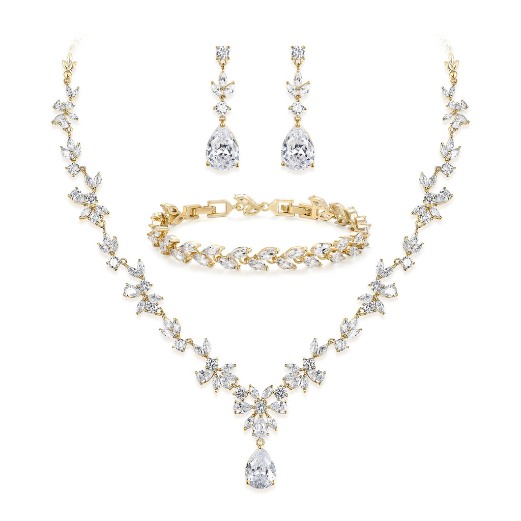 BriLove Gorgeous Cubic Zirconia Wedding Jewelry Set for Women Bride Gold