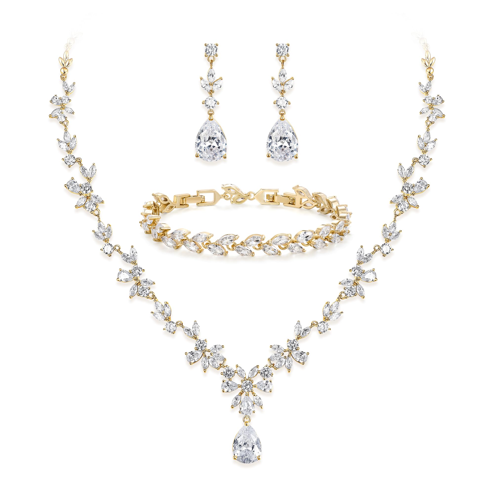 BriLove Gorgeous Cubic Zirconia Wedding Jewelry Set for Women Bride Gold