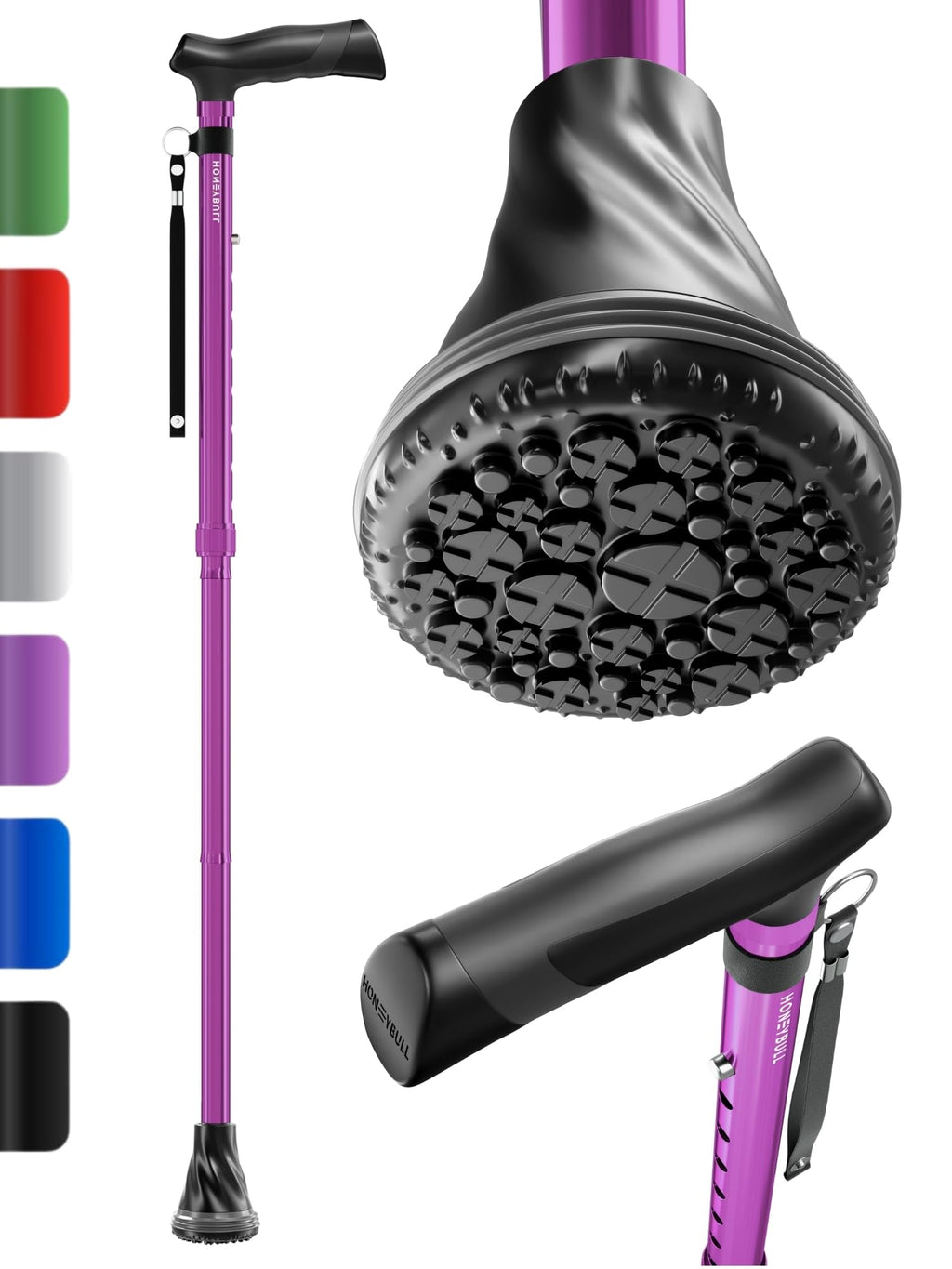 HONEYBULL Walking Cane for Men & Women – Foldable, Adjustable, Lightweight Cane with Air Cushion Tip for Stability & Ergonomic Grip, Heavy Duty Walking Sticks for Seniors (Purple)