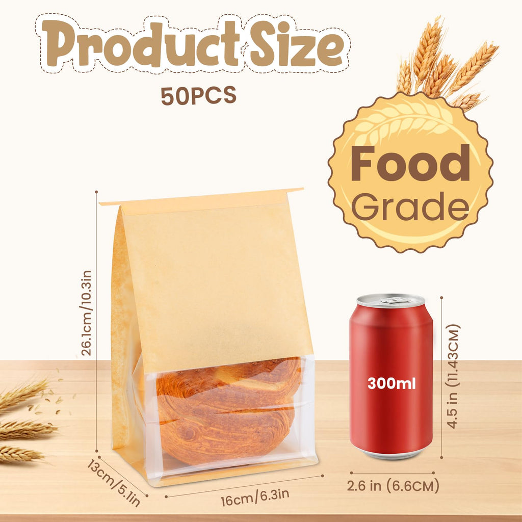 50 Pcs Bread Bags for Homemade Bread Sourdough, 10.2 * 6.3 * 5.1 Inches Bakery Bags with Window Reusable Tin Tie Baked Goods Packaging