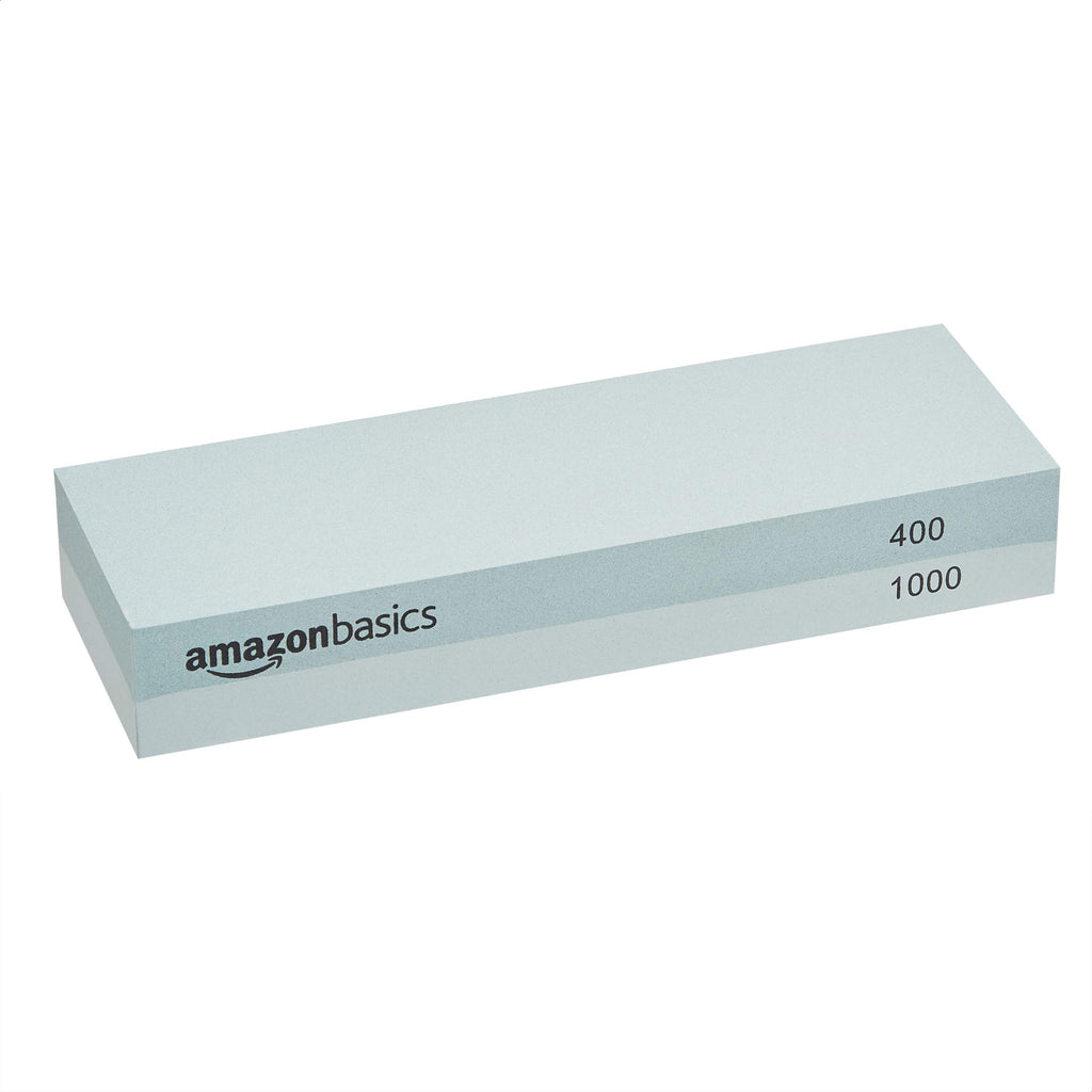 Amazon Basics Whetstone Knife Sharpening Stone Set, Double-sided 400/1000 and 3000/8000 Grit Stones, Flattening Stone with Angle Guide, Non-Slip Bamboo Base, 3 Count, Black & Grey