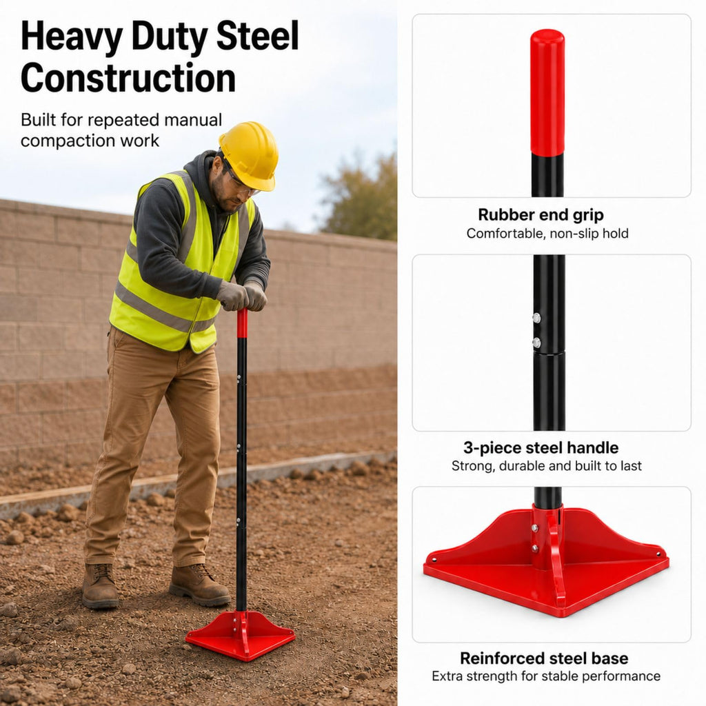 8" x 8" Steel Tamper Tool with 48" Handle, Heavy Duty Hand Compactor for Soil, Gravel, Dirt, Asphalt, Pavers, Driveway Repair, Lawn & Landscaping