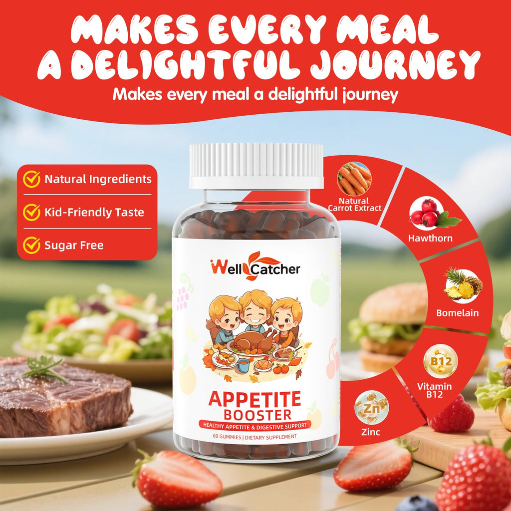 Wellcatcher Appetite Booster Gummies for Kids Adults: Picky Eater Vitamins Support Eat More Height Growth Gut Health & Nutritional Balance with Bromelain Hawthorn Zinc, Sugar Free 60CT