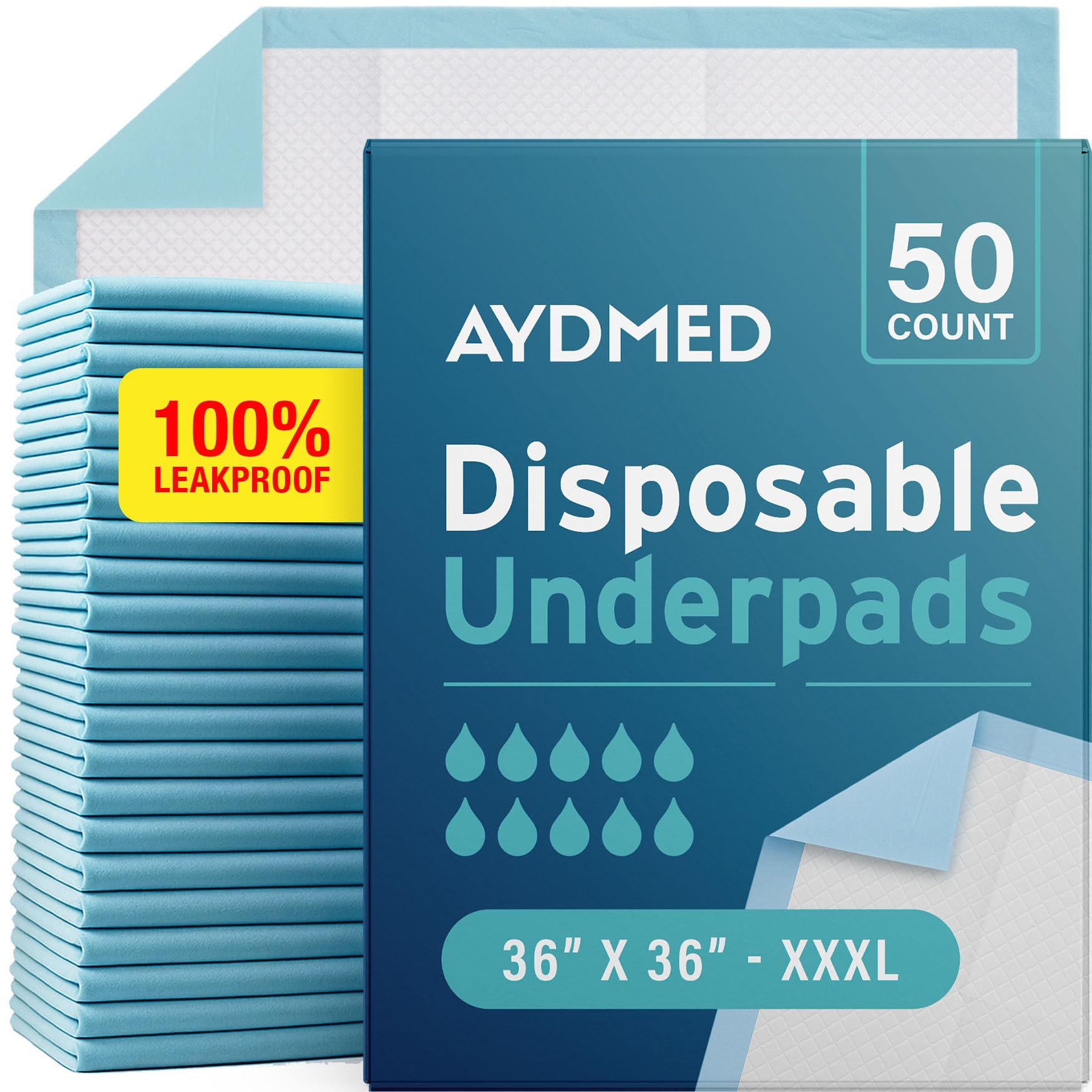50 x AYDMED Incontinence Underpads 36" x 36" with Adhesive Strips | XXXL Bed Pads Disposable Adult | Max Absorbency Chux Pads for Adults, Children & Babies | Incontinence Bed Pads & Pee Pads