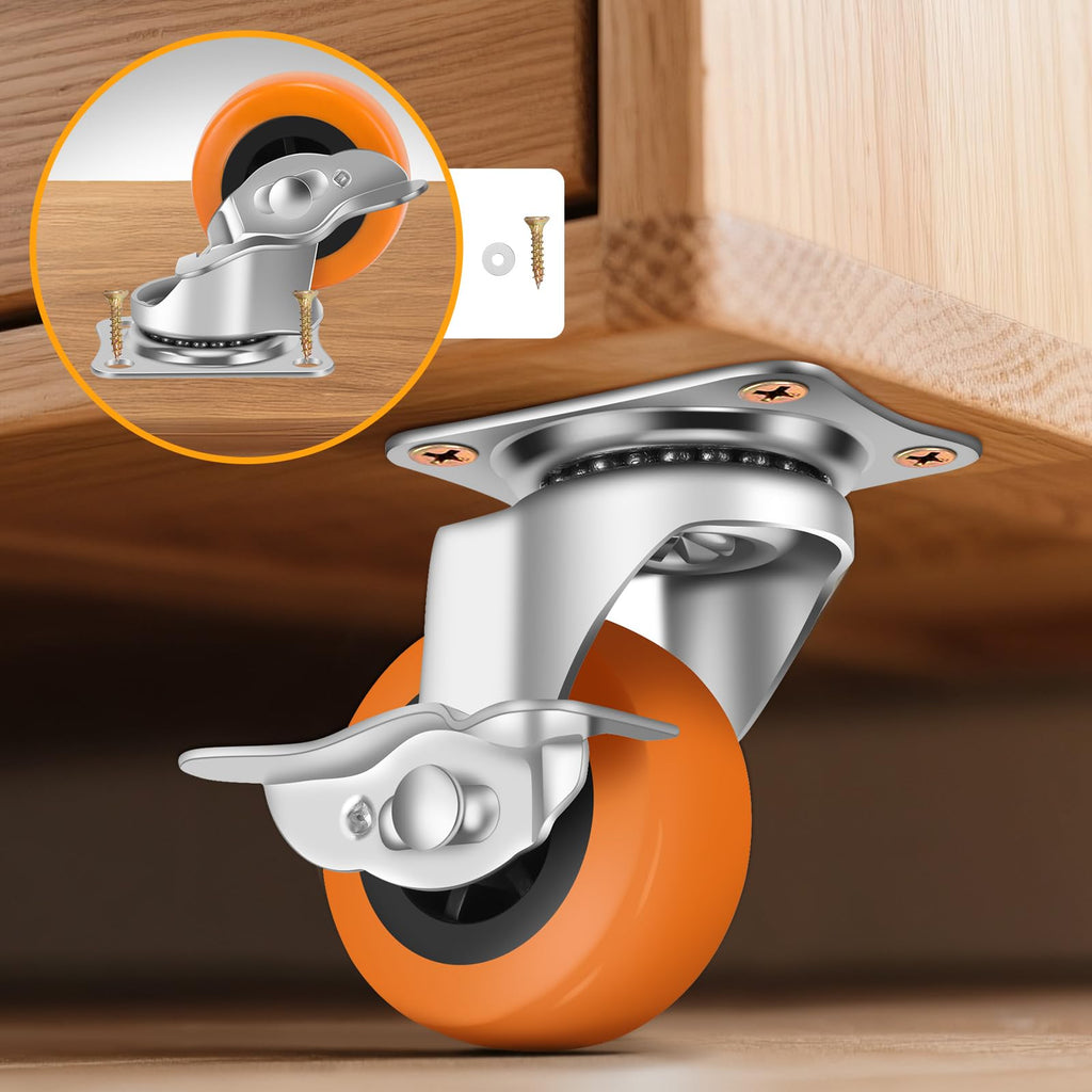 2 Inch Caster Wheels, Casters Set of 16,Heavy Duty Caster with Brake,Top Plate Swivel Wheels Industrial Castors Polyurethane Wheel, Locking Castor for Furniture Carts and Workbench