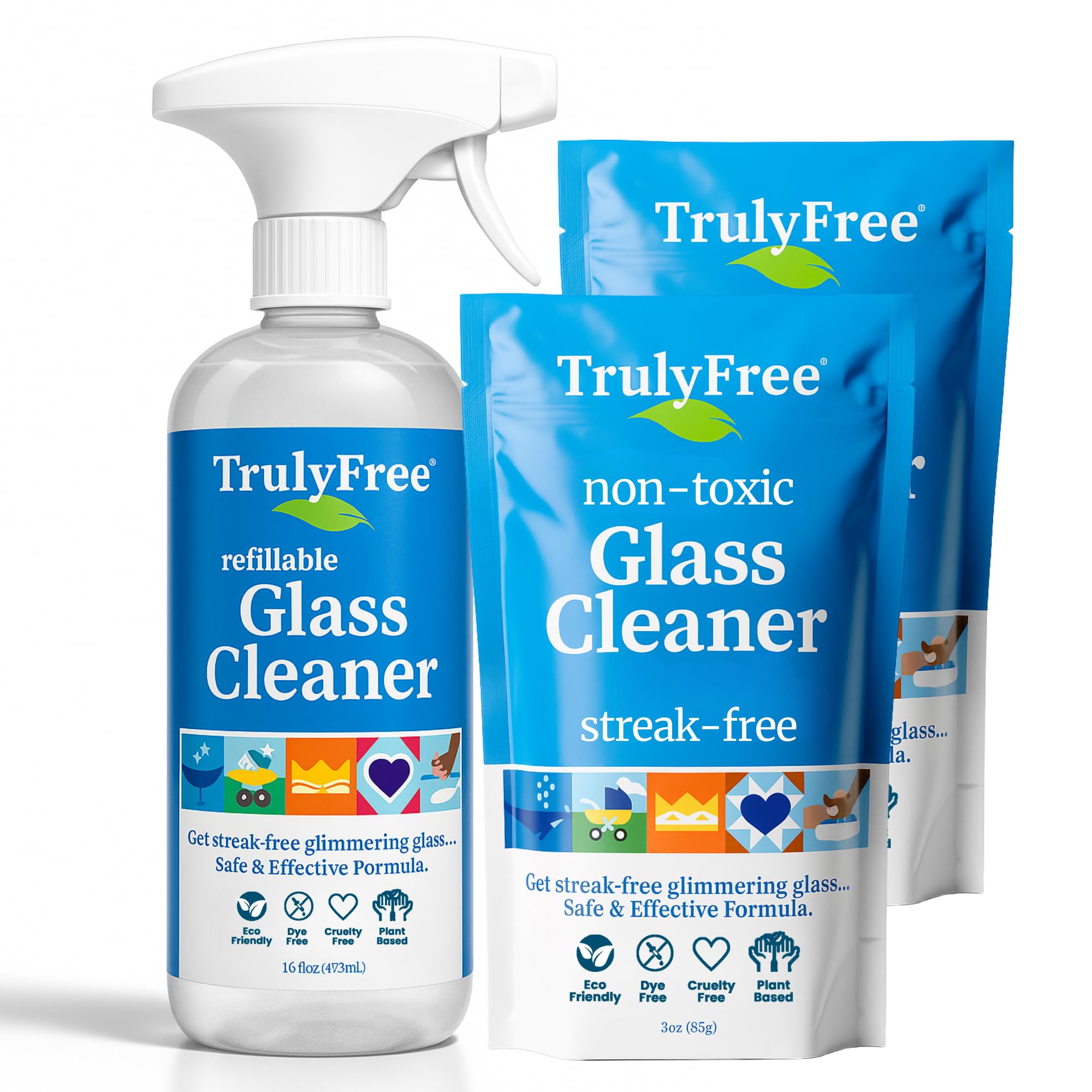 Truly Free Natural Glass Cleaner - Removes Dirt & Debris for Sparkling Clean Windows & Glass Surfaces at Home, Office & Garage, Includes: 1 Refillable Empty Bottle (16oz) & 2 Refills (3oz ea)