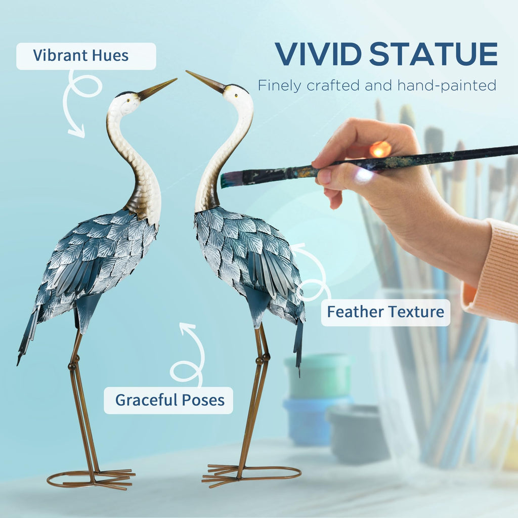 Outsunny Set of 2 Metal Crane Garden Statues 28.5" & 29", Blue & White
