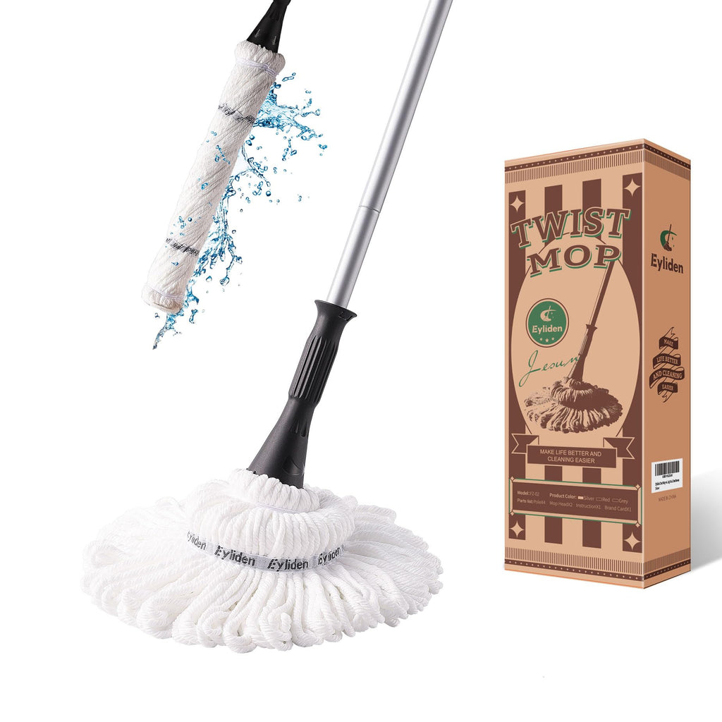 Eyliden Mop with 2 Reusable Microfiber Heads, Easy Wringing Twist Mop, 57.5 inch Long Handle, Wet Mops for Floor Cleaning, Commercial Household Clean Hardwood, Vinyl, Tile, and More (White)