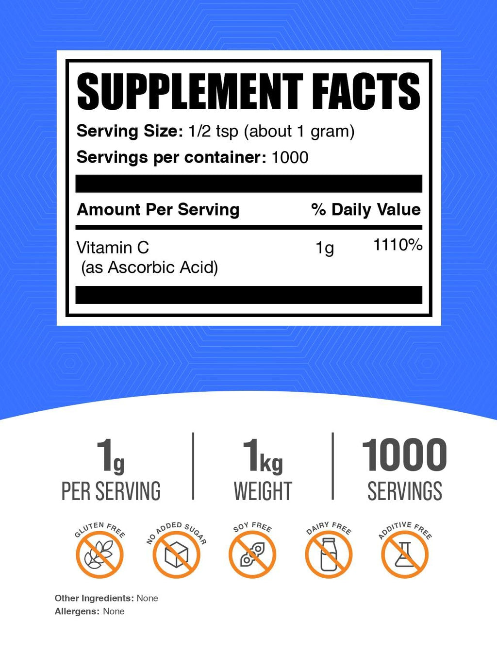BulkSupplements.com Ascorbic Acid Powder - Vitamin C Supplement, for Immune Support - Ascorbic Acid Food Grade, Gluten Free, 1g per Serving, 1kg (2.2 lbs) (Pack of 1)
