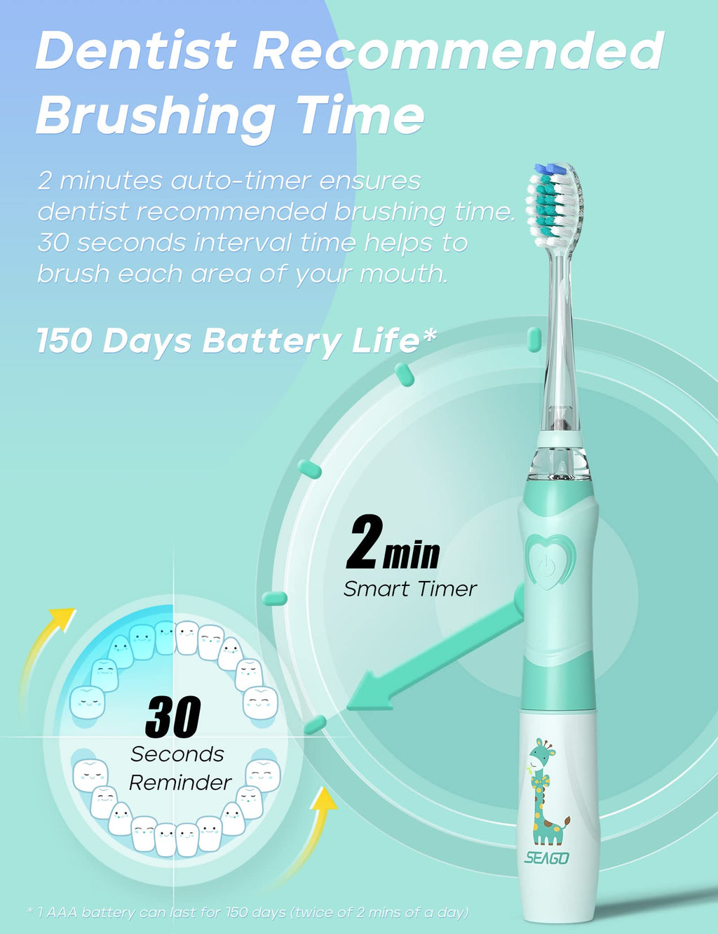 SEAGO Kids Electric Toothbrush with 2 Mins Brushing Timer and 4 Replacement Brush Heads, Rainbow LED Light Makes Brushing Fun, Boys Battery Powered Toothbrush for 4-12 Years Old，SG-977(Green)