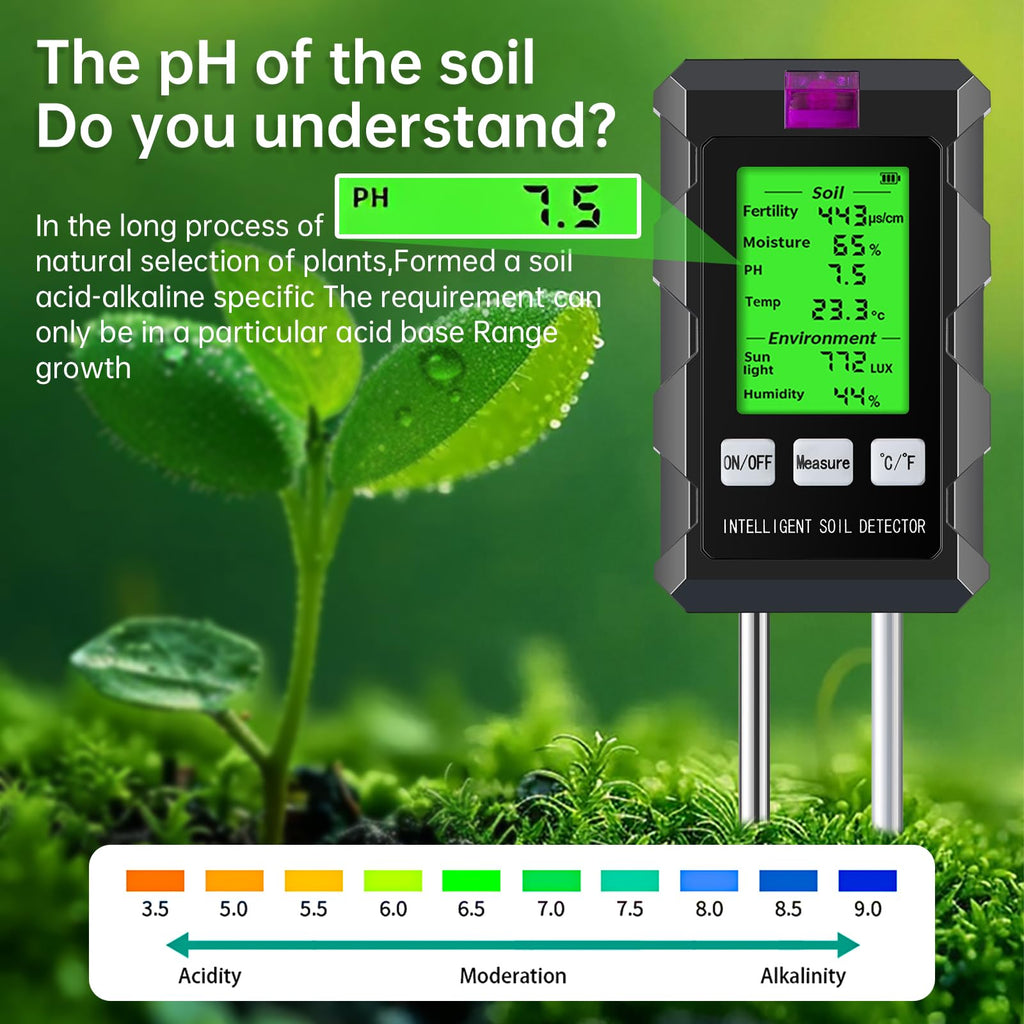 6-in-1 Digital Soil Tester, Soil Moisture Meter and pH Tester for Plants, Tests Moisture, pH, Fertility, Temperature, Sunlight and Air Humidity for Garden and Lawn (2*AAA Batteries Needed)