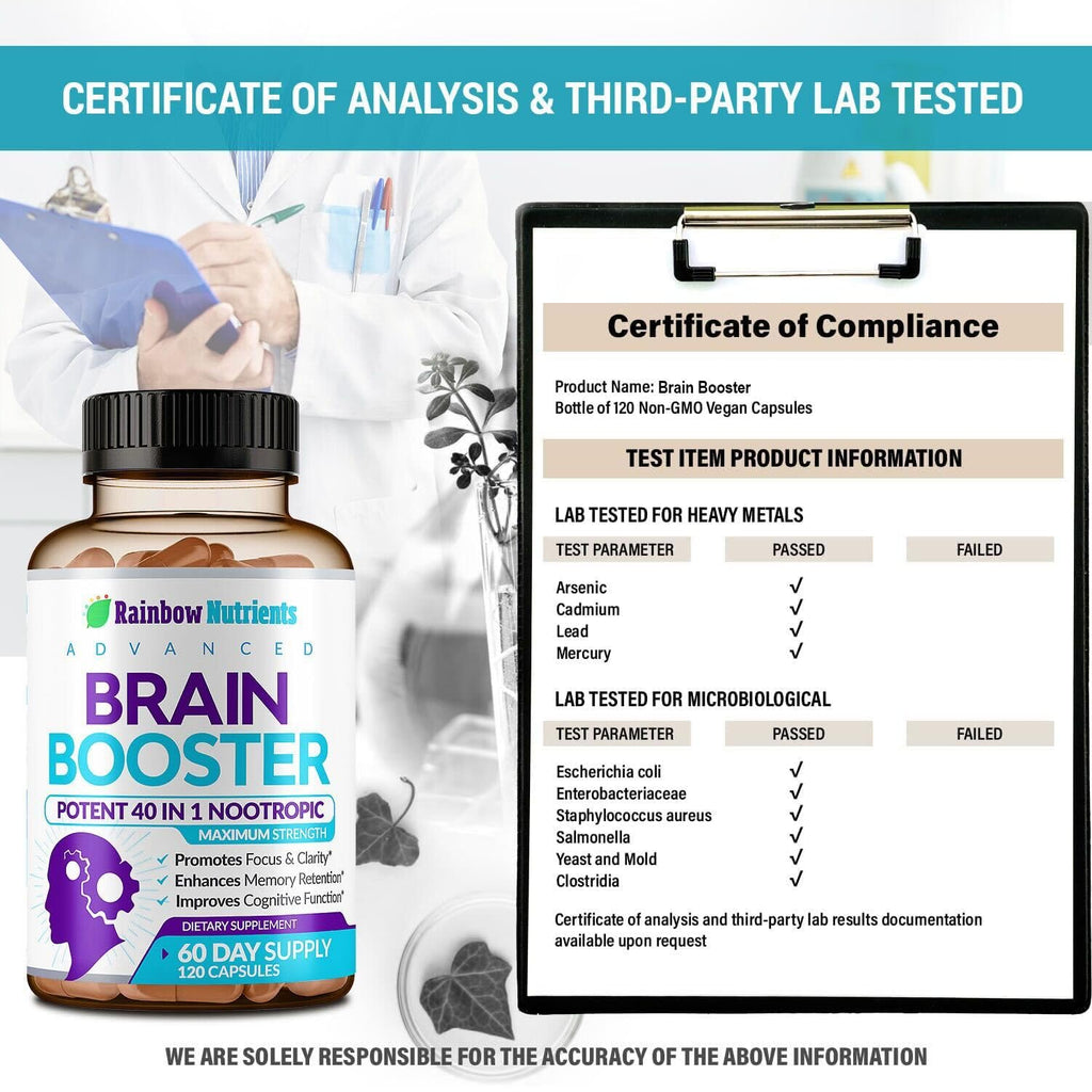 40-in-1 Brain Booster Supplements for Memory, Focus, Clarity, Energy, Performance | Natural Nootropic Brain Support Supplement with DMAE, Bacopa Monnieri & More | For Men & Women | 120 V Capsules