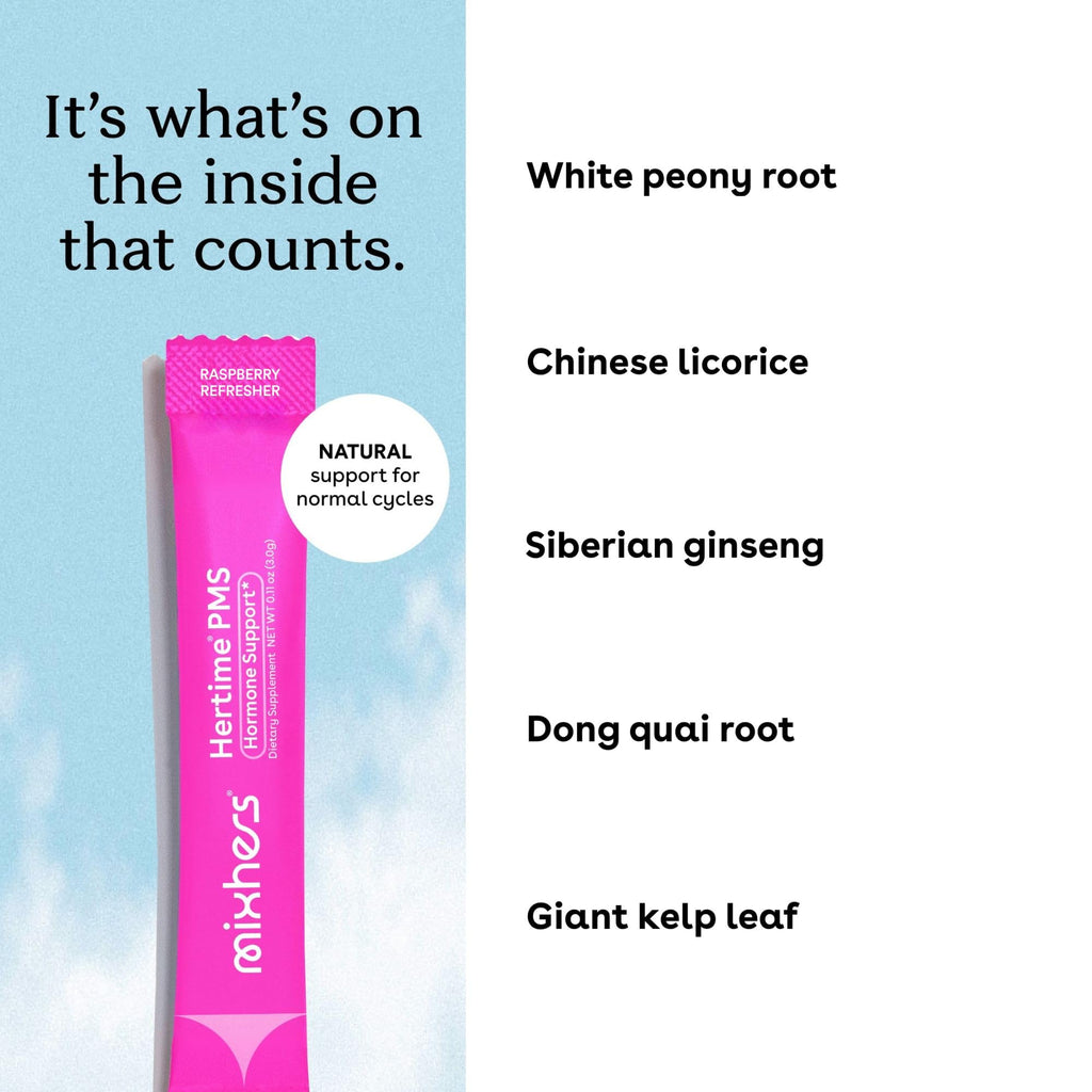 MIXHERS Hertime PMS - Supports a Healthy Menstrual Cycle - with Minerals, Peony Roots, Siberian Ginseng - Sugar-Free - 15 Drink Packets - Raspberry Lemonade