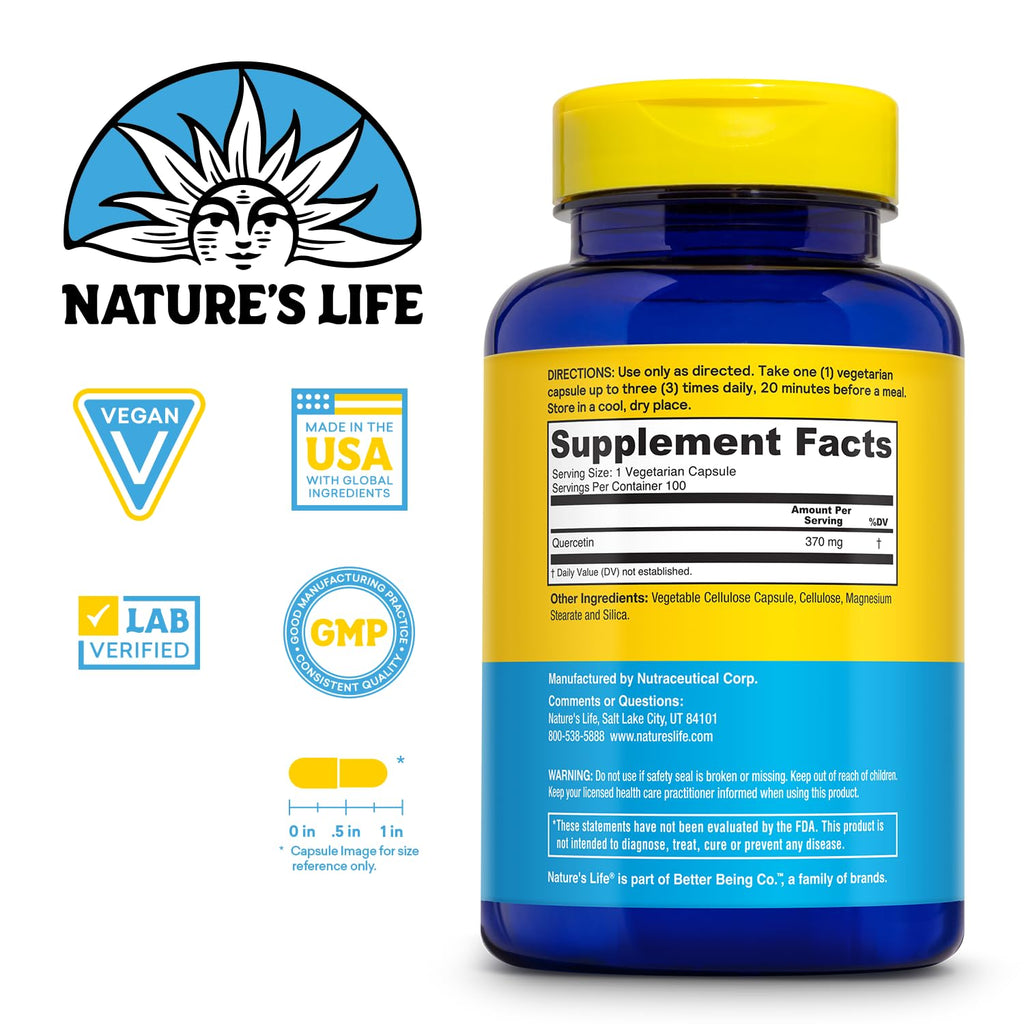 Nature's Life Fortifying Quercetin 370 mg - Bioflavonoid Support for Overall Wellness - Quercetin Supplements - Lab Verified - 100 Servings, 100 Vegetarian Capsules