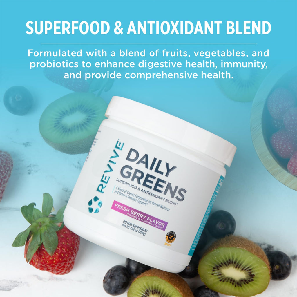 Revive MD Daily Green Powder Superfood (Fresh Berry) - Supergreens Powder to Support Energy Levels - Green Juice that Improves Fiber Intake - Vegetable Supports Digestion and Gut Health (30 Servings)