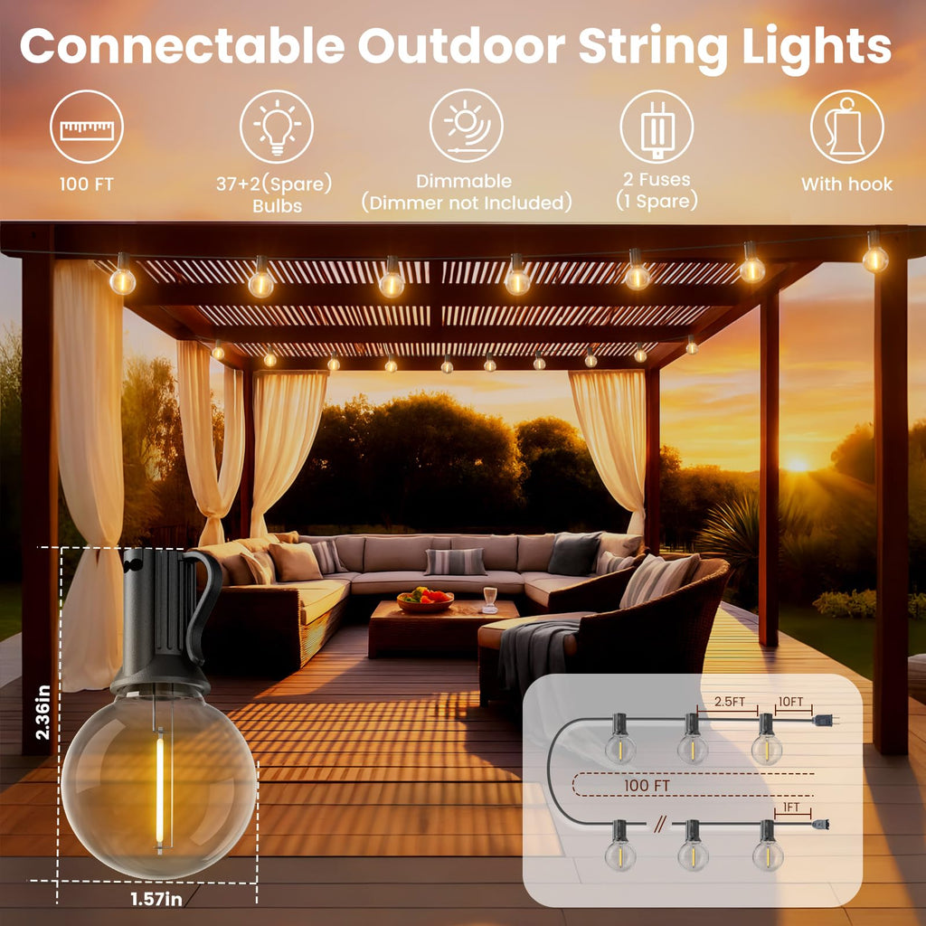 RTTY Outdoor String Lights 100 FT, Patio Light for Outside, Waterproof G40 Shatterproof LED Bulbs, Dimmable Hanging Connectable Globe Lighting for Backyard, Porch, Bistro, Balcony, Party, Warm White