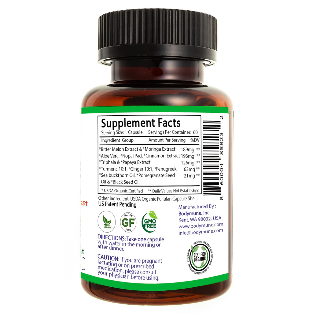 Bodymune Blood Sugar Blend – Organic Blood Sugar Support Supplement – with Bitter Melon Capsules, Moringa, & Black Seed Oil – 66 Capsules – USDA Organic, Vegan, Non-GMO