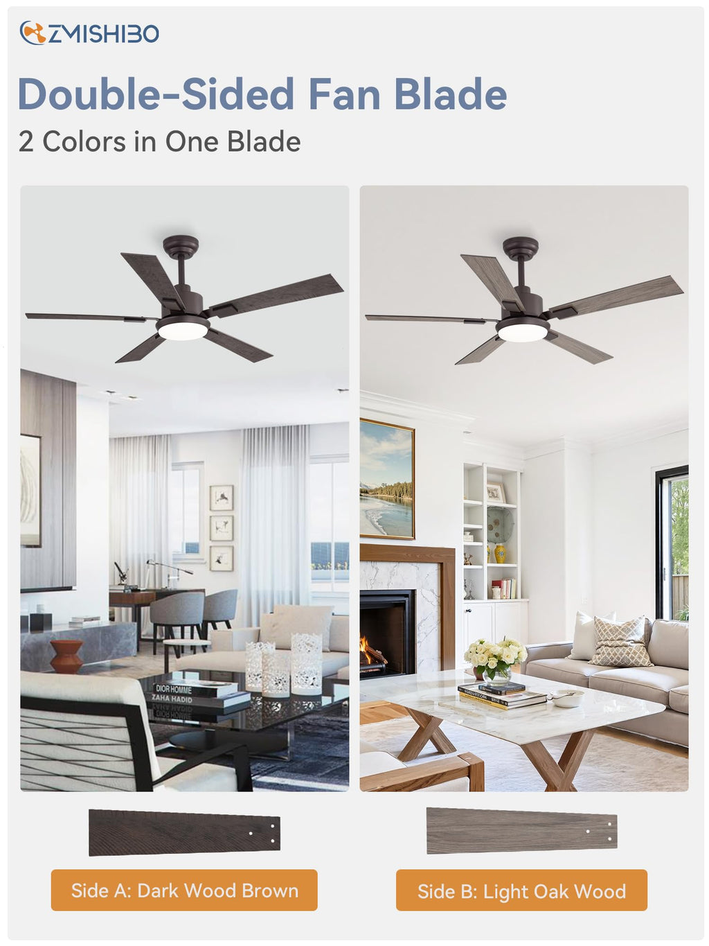 ZMISHIBO 52 inch Bronze Ceiling Fans with Lights and Remote, Indoor/Outdoor Farmhouse Ceiling Fan for Bedroom Living Room Patio, 6 Speed Reversible Quiet DC Motor, 3 CCT, Dual Finish Blades