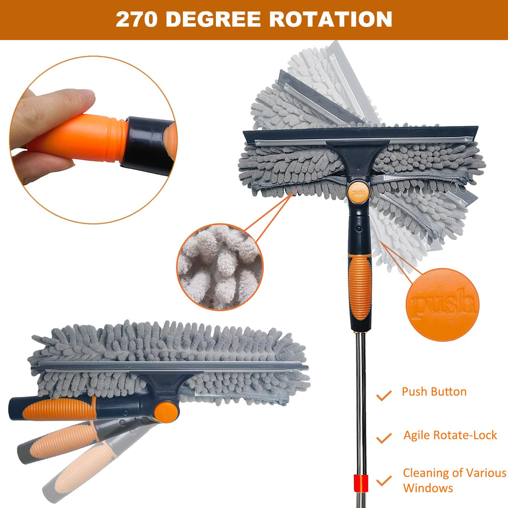 20 ft+ Reach Squeegee Window Cleaner Duster 2 in 1 Rotatable Window Cleaning Tool Kit with 3-14 ft Extension Pole, Window Washing Equipment for Indoor Outdoor Window Car Glass - 3 Pads