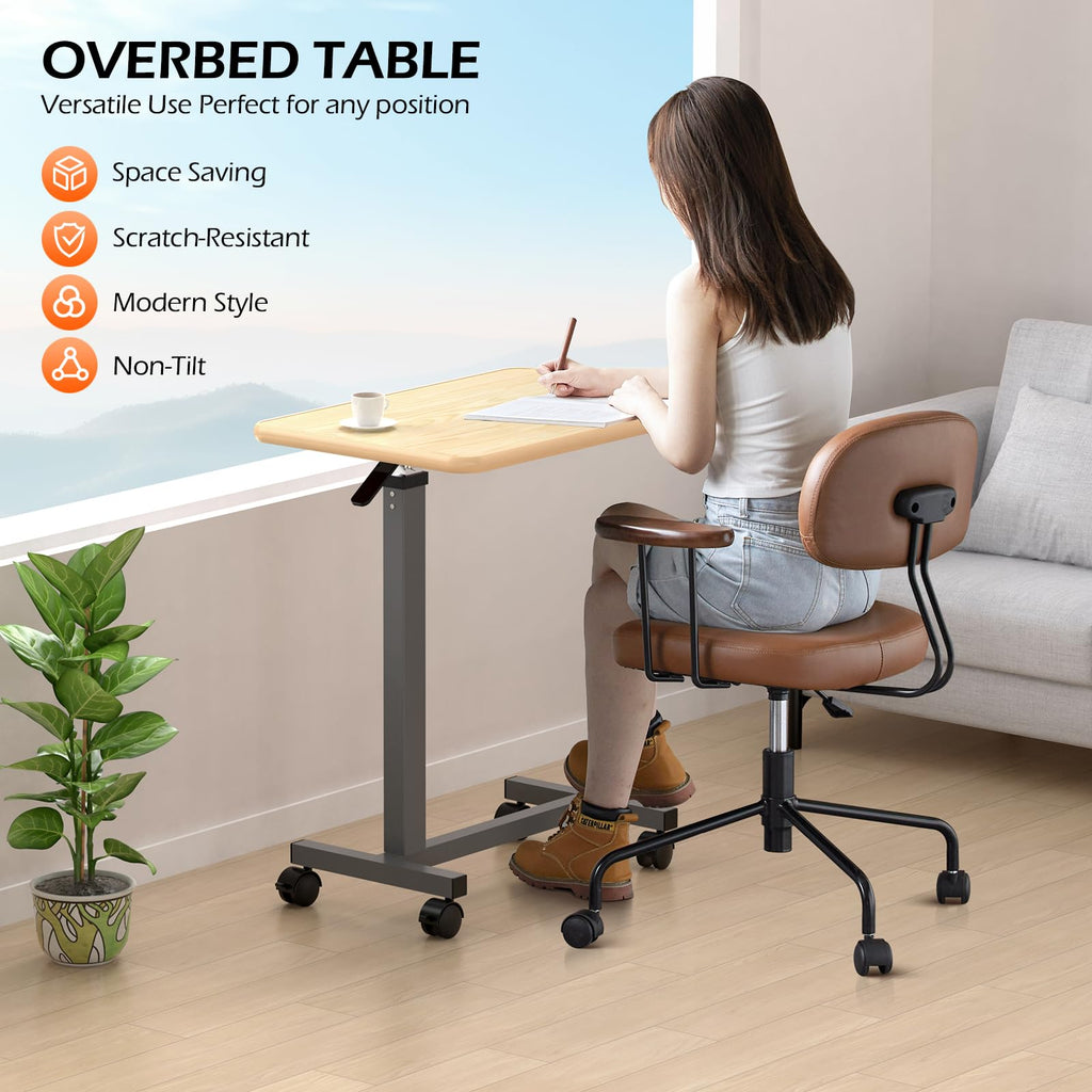 WOTURE Adjustable Overbed Table with Wheels, Bedside Rolling Table, Pneumatic Height Adjustment, Hospital Bed Table on Wheels, Standing Desk, Bedridden & Mobility Needs, Maple