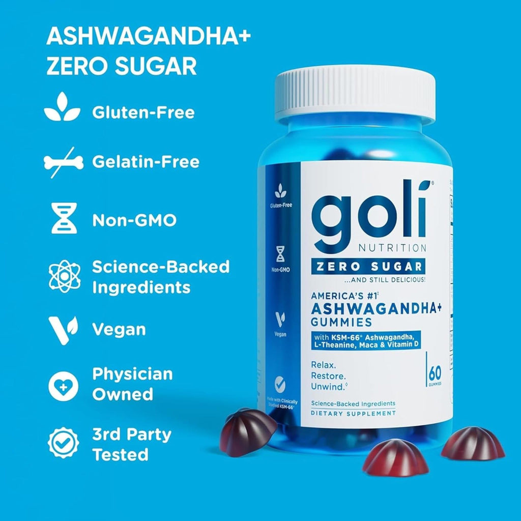 Goli Zero Sugar Ashwagandha & Vitamin D, Maca, L-Theanine Gummies, No Artificial Sweeteners, No Sugar Alcohols. Mixed Berry, KSM-66, Vegan, Plant Based, Non-GMO, Gluten-Free & Gelatin Free. (3)