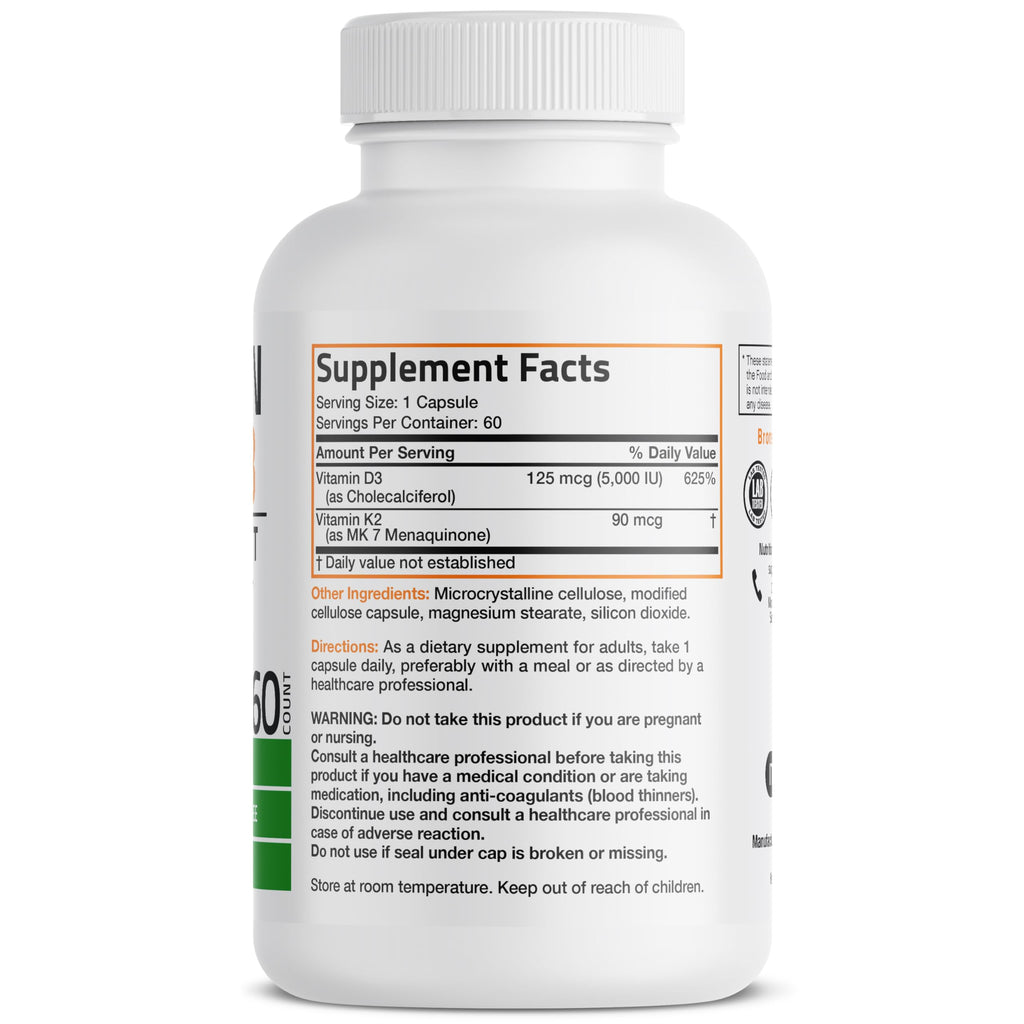Bronson Vitamin K2 D3 (MK7) Supplement Non-GMO Formula Vitamin D3 5000IU (125 mcg) & 90 mcg K2 MK-7, Easy to Swallow D & K Complex, 60 Capsules