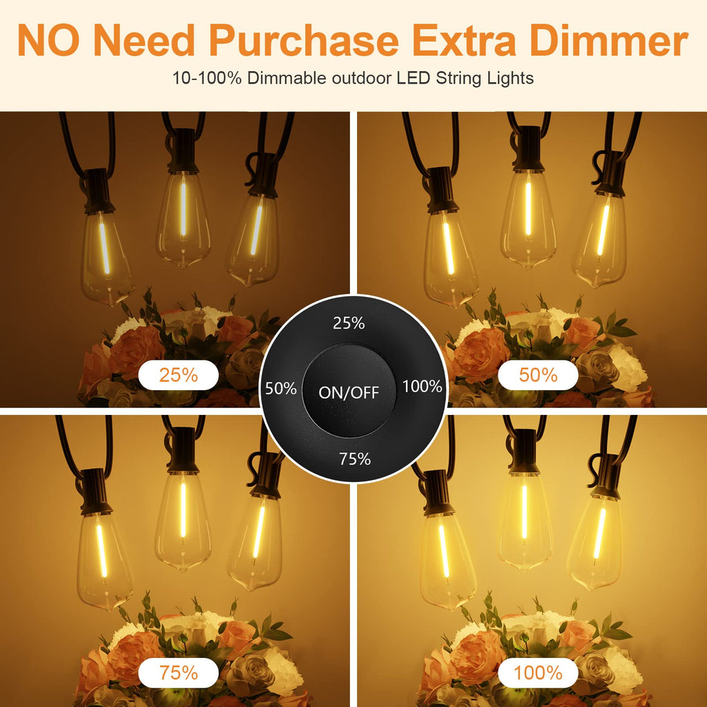LaPitio 100FT Remote Outdoor String Lights for Outside, 50+2 LED Waterproof Shatterproof Edison Dimmable Timer Bulbs, 2500K Warm White Patio Lights for Garden Backyard Yard Hanging Lighting