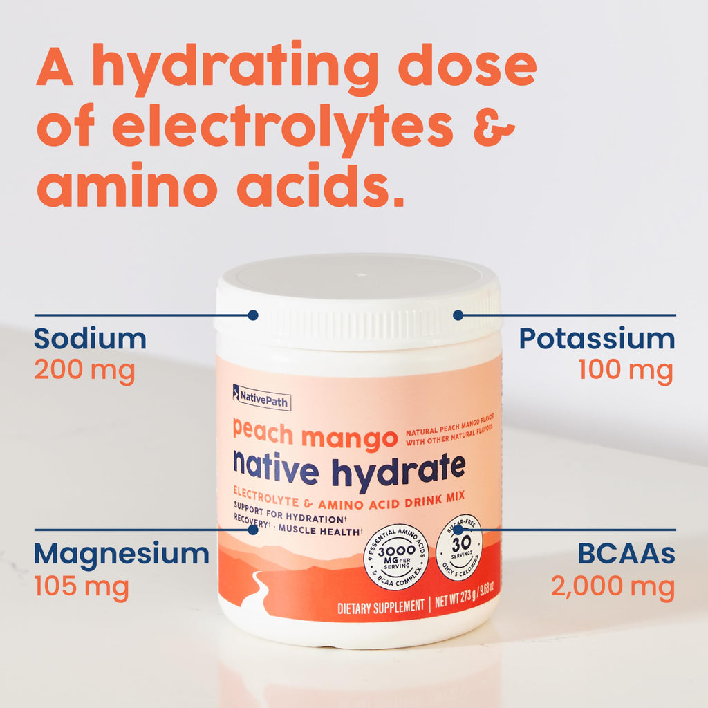NativePath Native Hydrate, Zero Sugar, Electrolytes Powder with BCAAs, Peach Mango Hydration, Keto & Paleo Friendly, 30 Servings