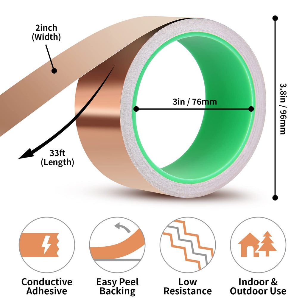 Kirecoo 2" x 33FT Copper Foil Tape with Conductive Adhesive
