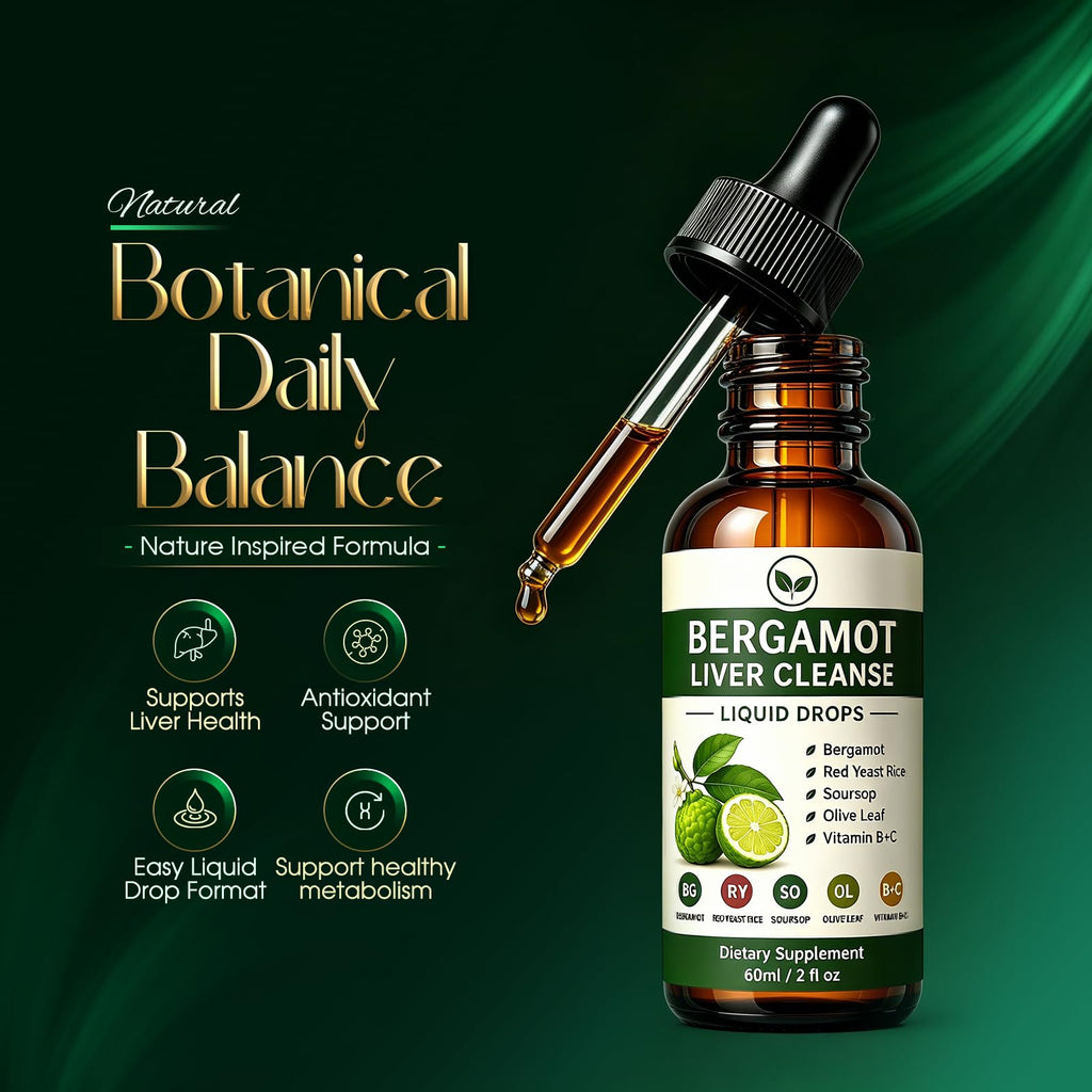 Bergamot Liver Cleanse Formula -with Citrus Bergamot,Olive Leaf, Garlic,Black Pepper Extract,Plant-Based Polyphenol Formula Complex Drops for Daily Digestive,Non-GMO, 2 fl oz (60 mL)