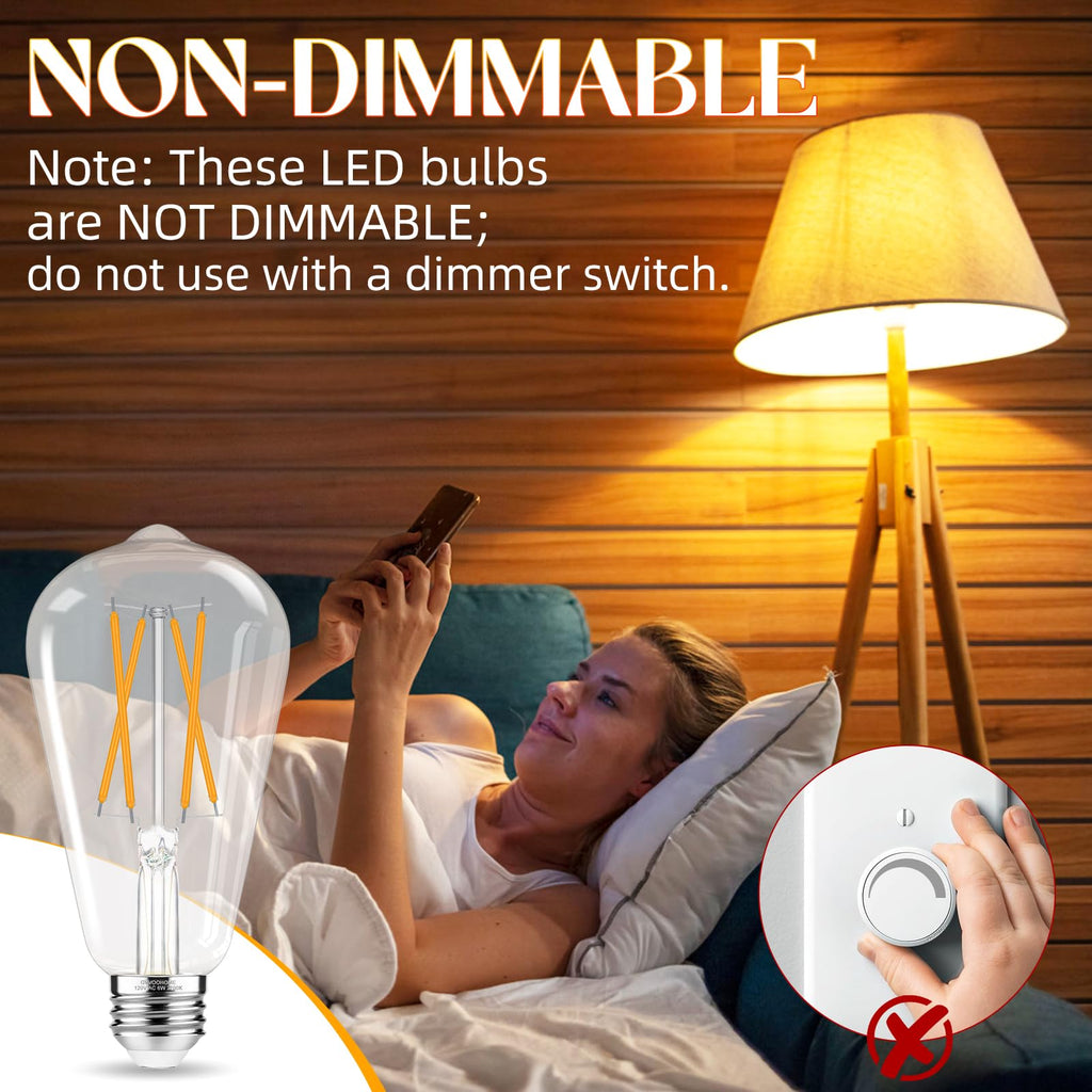 GvvooHome LED Edison Bulbs, E26 Bulb 60 watt Equivalent, Non-Dimmable, Soft White 2700K, ST58 Vintage Light Bulbs, 90+ CRI, 6W 600LM, E26 Medium Base, Clear Glass, 6 Pack