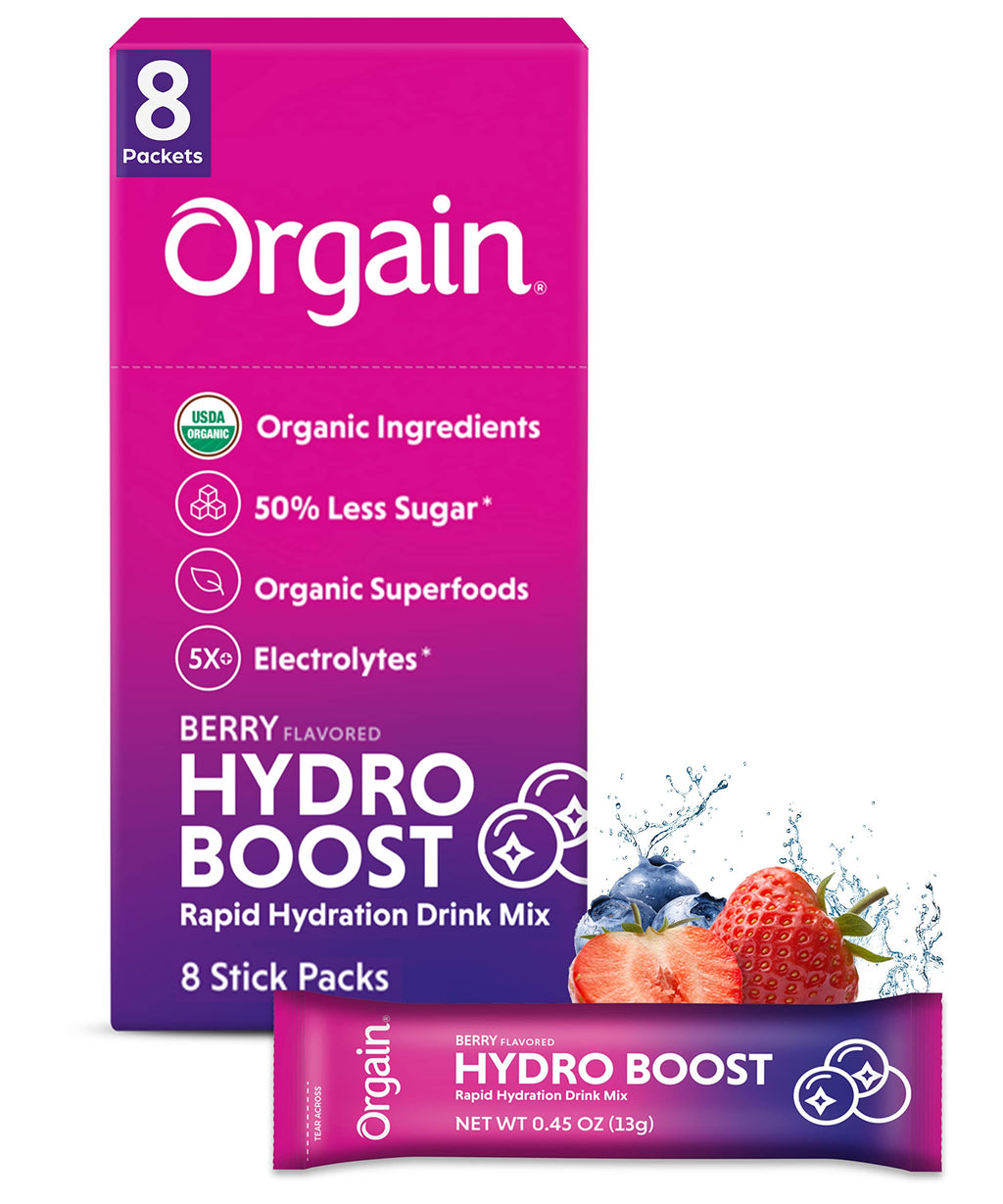 Orgain Organic Hydration Packets, Electrolytes Powder - Mango Hydro Boost with Superfoods, Vegan, Gluten-Free, No Soy Ingredients, Non-GMO, Less Sugar than Sports Drinks, 16 Count