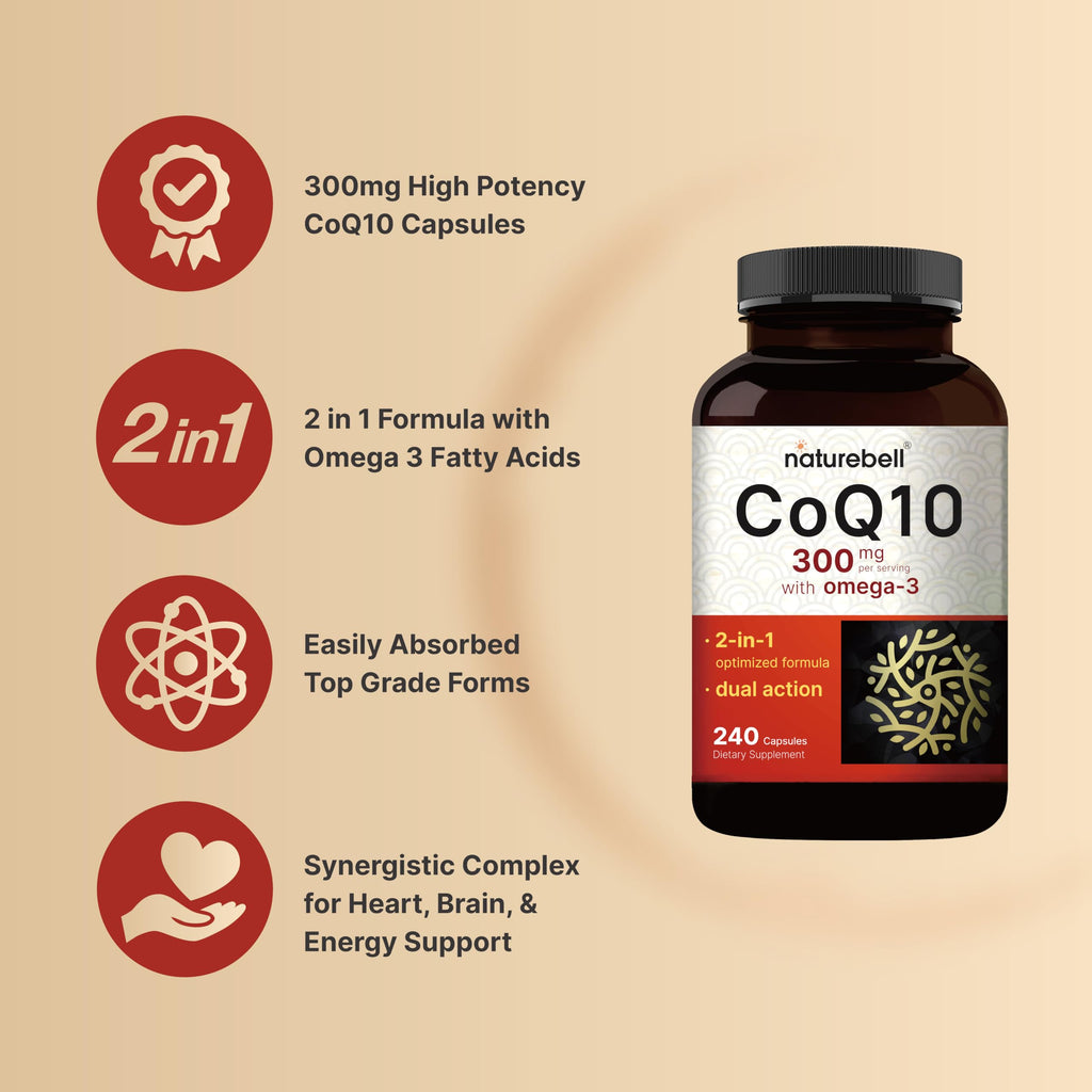 NatureBell CoQ10 300mg - 240 Capsules - High-Potency Support for Healthy Heart - Daily Energy & Vitality Aid with Antioxidant Support - Easily Absorbed Ubiquinone & Omega-3*