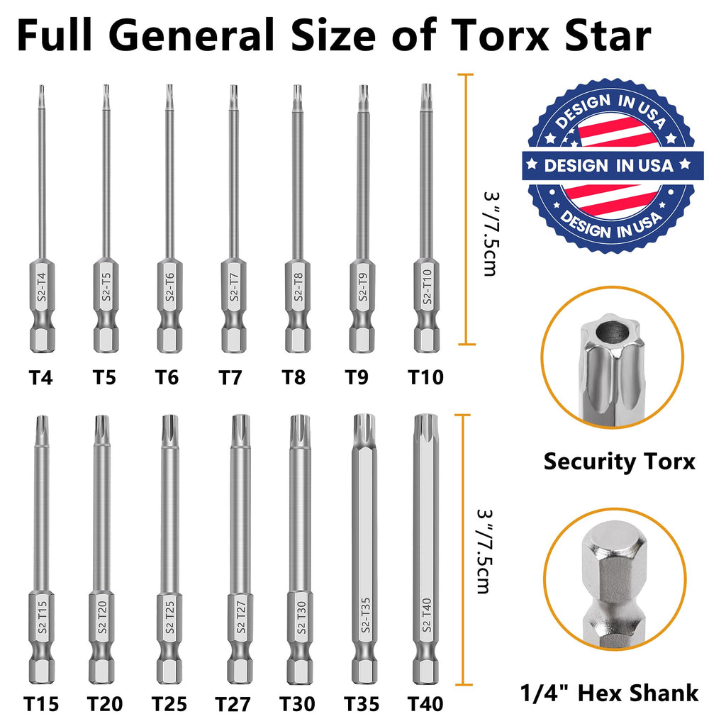 MulWark 14PC Security Torx Bit Set 3" Long Tamper Proof Star Screwdriver Bit Set 1/4" Hex Shank S2 Steel T4 - T40 Magnetic Impact Driver Drill Bits