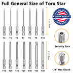 MulWark 14PC Security Torx Bit Set 3" Long Tamper Proof Star Screwdriver Bit Set 1/4" Hex Shank S2 Steel T4 - T40 Magnetic Impact Driver Drill Bits