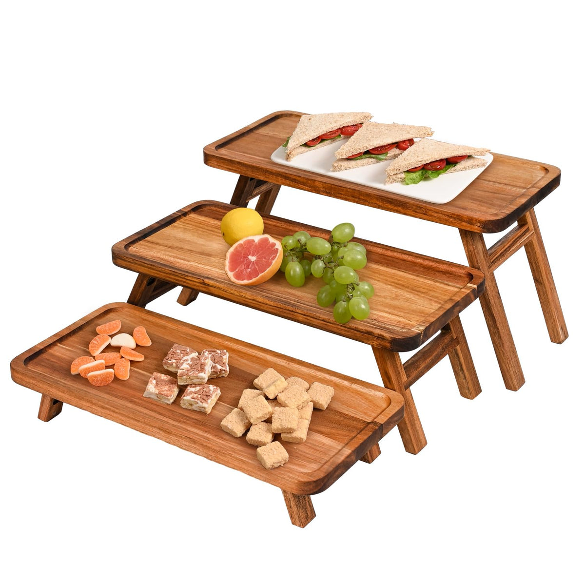 GEHE 3 Tier Serving Tray Acacia Wooden Tiered Tray Stand Foldable Dessert Table Display Set Decor Charcuterie Boards for Party, Birthday, Wedding, Christmas