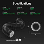 VIVOSUN 4'' Flexible Aluminum Duct, 25 FT Long Heavy-Duty Multi-Layer Air Hose for HVAC Ventilation, Dryer Vent Hose for Grow Tents and Duct Fan Systems, 2 Clamps Included