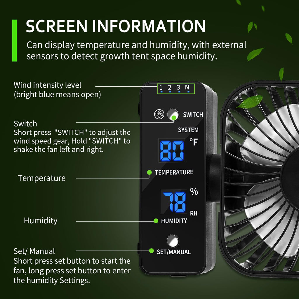 DAOTAILI 4" Grow Tent Clip Fan with Temperature & Humidity Control, LCD Display, Oscillating Fan for Hydroponics