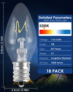 PACETAP 18Pack 7W C7 Night Light Replacement Bulbs with E12 Candelabra Base for Salt Lamps, Window Candles and Chandeliers, C7 Nightlight Bulb for Outdoor String Lights Warm White 2200k