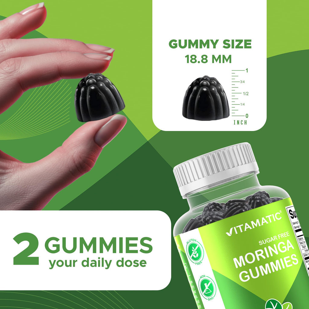 Vitamatic Sugar Free Moringa Gummies – 10,000 mg Equivalent per Serving (from 200 mg of 50:1 Extract) – Green Superfood Supplement – 60 Pectin-Based Vegan Gummies – No Sugar Added (Pack of 2)