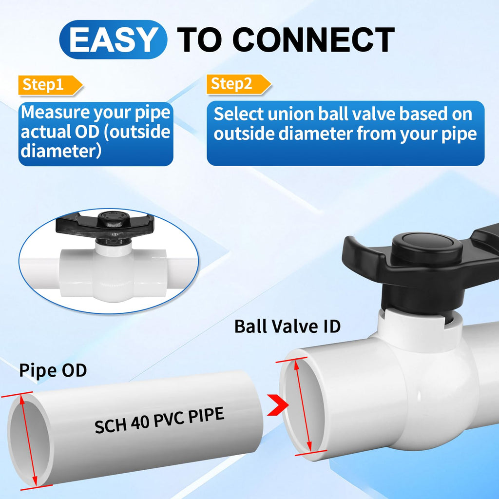 Boltigen 2Pack 1-1/2 inch Slip PVC Ball Valves, 1.5'' SCH40 PVC Water Shut Off Valve with Double Socket Full Flow Port, ''T'' Handle Plastic Control Valve, for Pool, Irrigation, Sewage Water Pipe