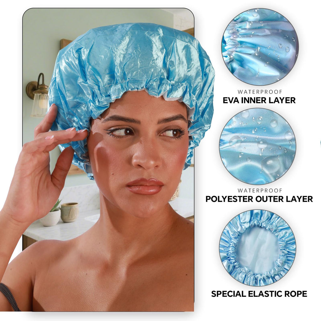 Smilco 2 Pack Shower Caps for Women, Reusable Waterproof Double Layer Bath Cap, Large EVA Elastic Hair Cover for Shower, Fits Long Hair & Braids, for Spa & Home
