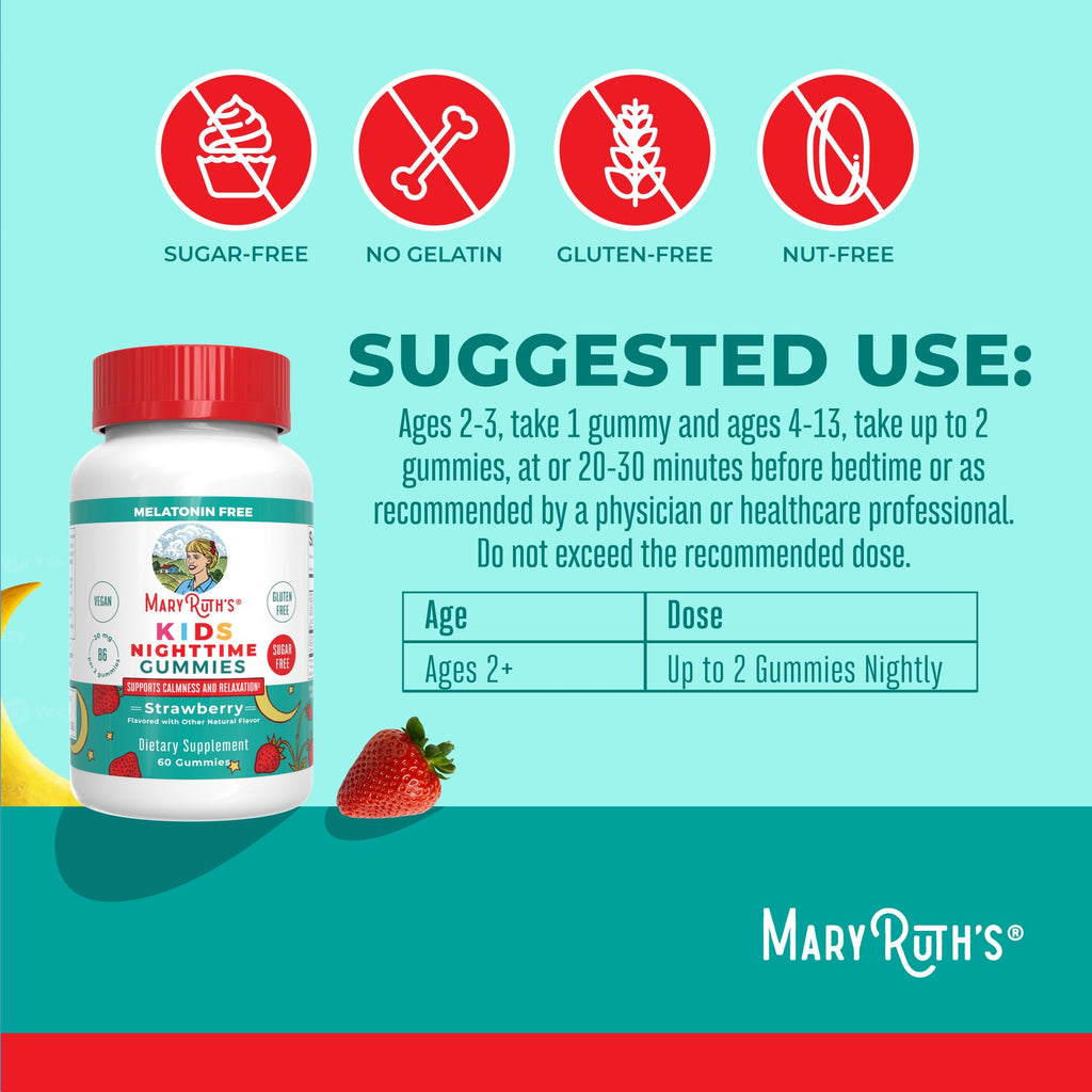 MaryRuth Organics Kids Nighttime Gummies | Sugar Free | NO Melatonin with L Theanine, Lemon Balm, Chamomile, Vitamin B6 | Relaxation Support for Kids 2+ | Vegan | Non-GMO | Gluten Free | 60 Count