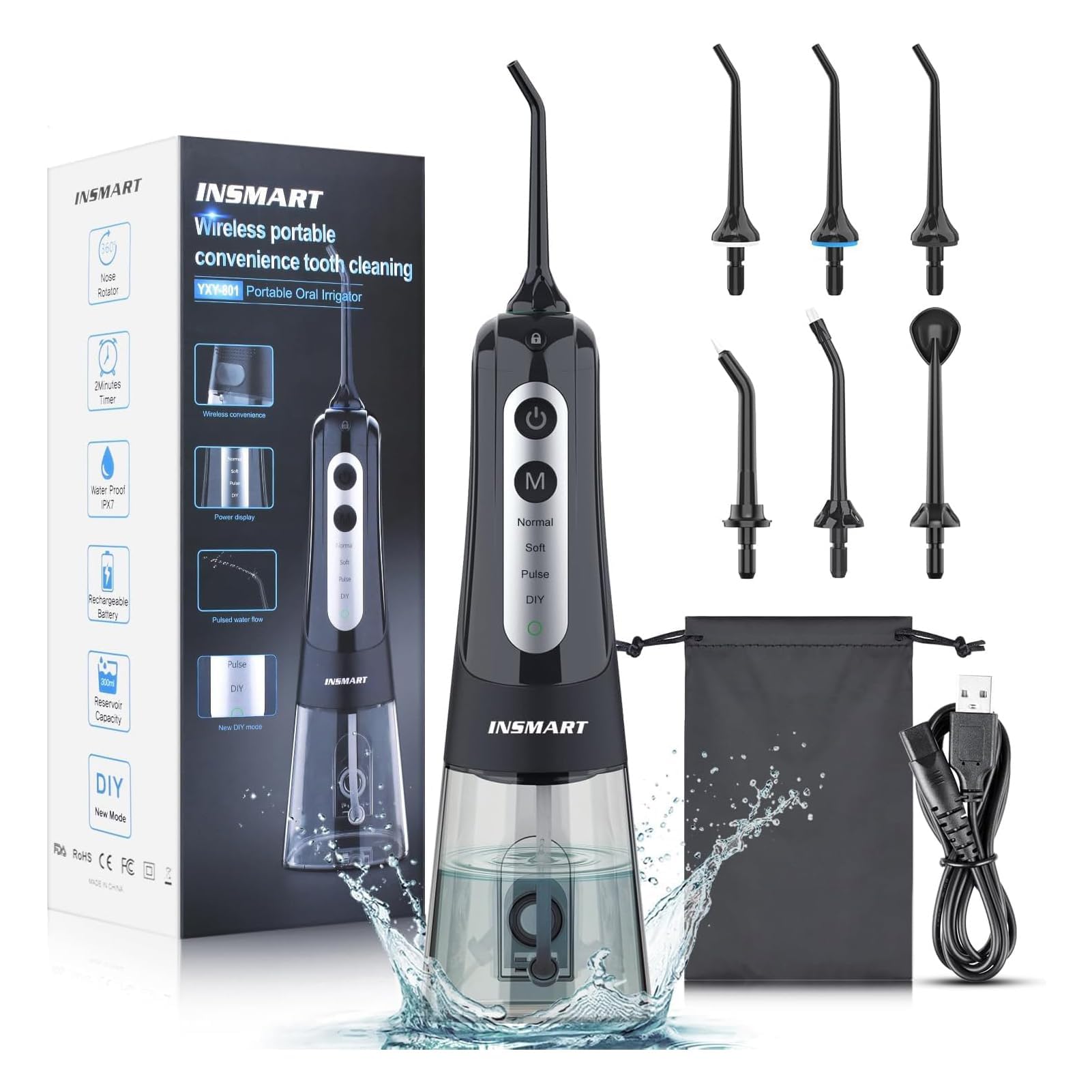 Cordless Water Dental Flosser Teeth Cleaner, INSMART Professional 300ML Tank DIY Mode Rechargeable Dental Oral Irrigator for Home and Travel, IPX7 Waterproof 6 Modes Irrigate Oral Care (Black)
