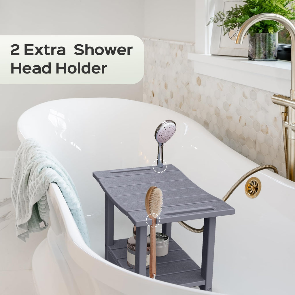LyriFine Shower Bench - HDPE Waterproof Shower Bench for Inside Shower, 18.7" Shower Stool with Shower Head Holder, 350lbs Shower Seat with Storage Shelf, Shower Chair for Bathroom Indoor Outdoor Use
