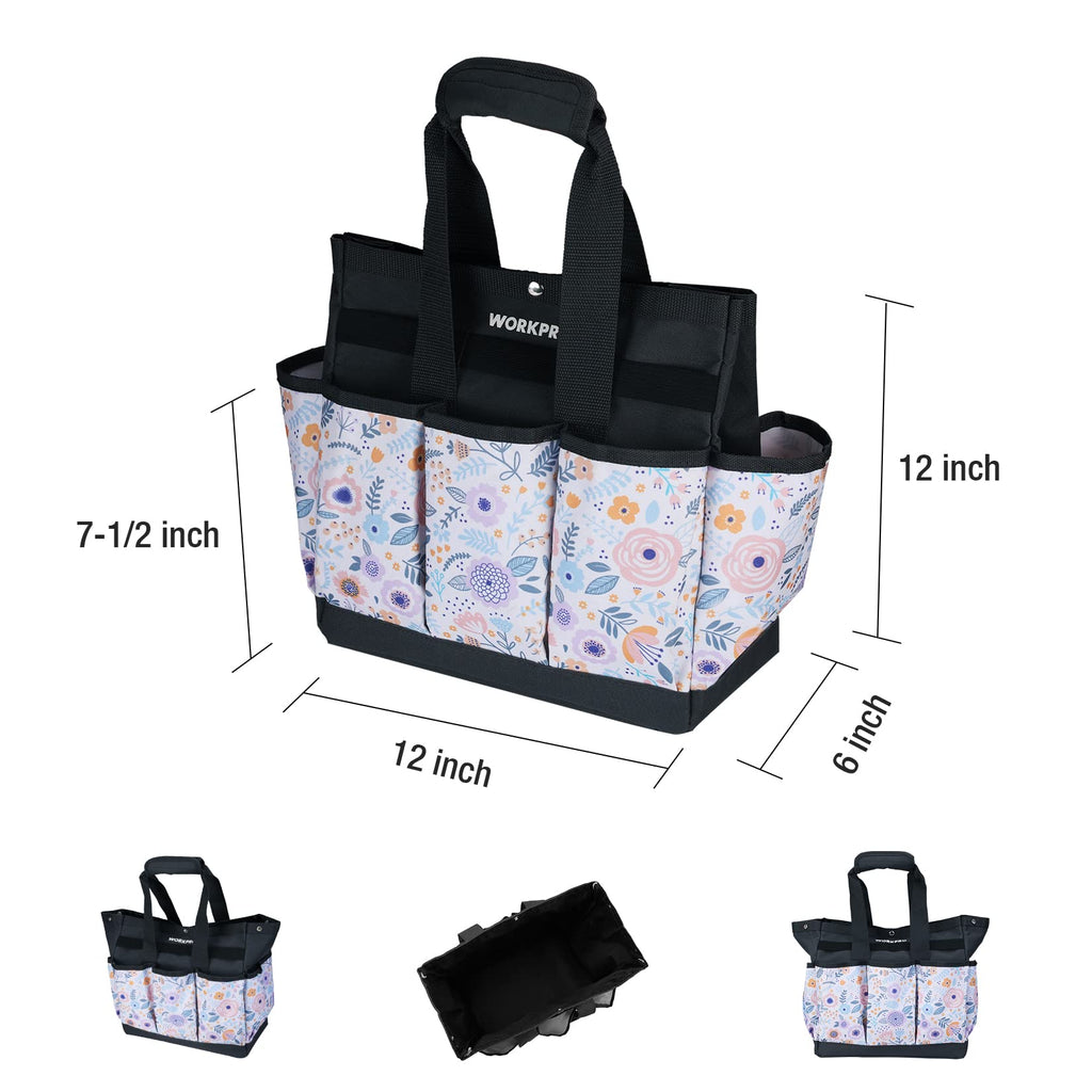 WORKPRO Garden Tool Bag, 9 Pockets Gardening Bag, Heavy Duty Oxford Garden Tote Caddy (Tools NOT Included), 12" x 12" x 6" (Floral White)