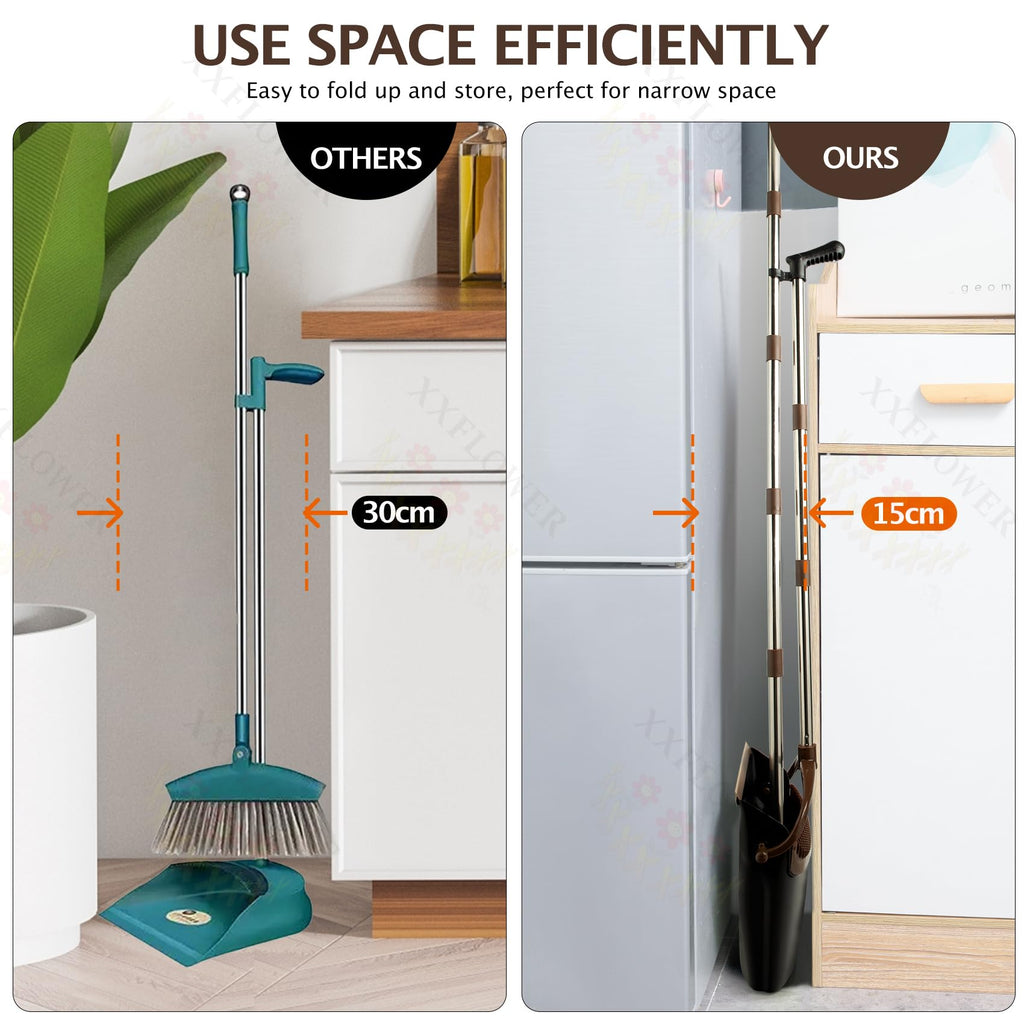 XXFLOWER Broom and Dustpan Set with Long Handle, Light Weight Stainless Steel Poles Stand Upright Dustpans with Broom Combo for Home Kitchen Office Pet Dog Hair, 1-Pack (Black Brown)
